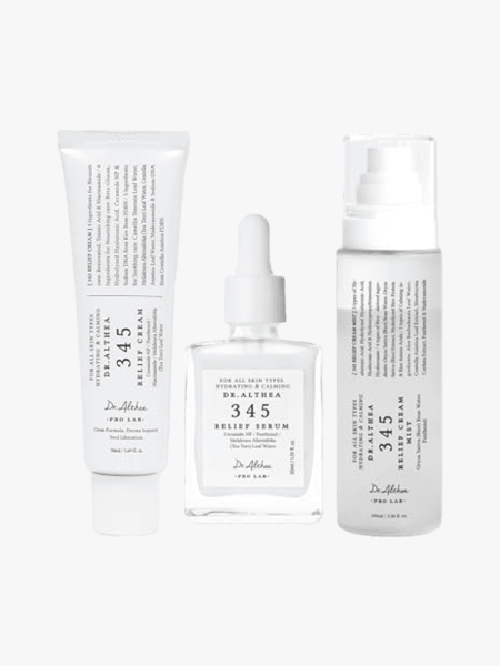 Dr.Althea 345 Relief Trio in multiple branded components on a light gray background